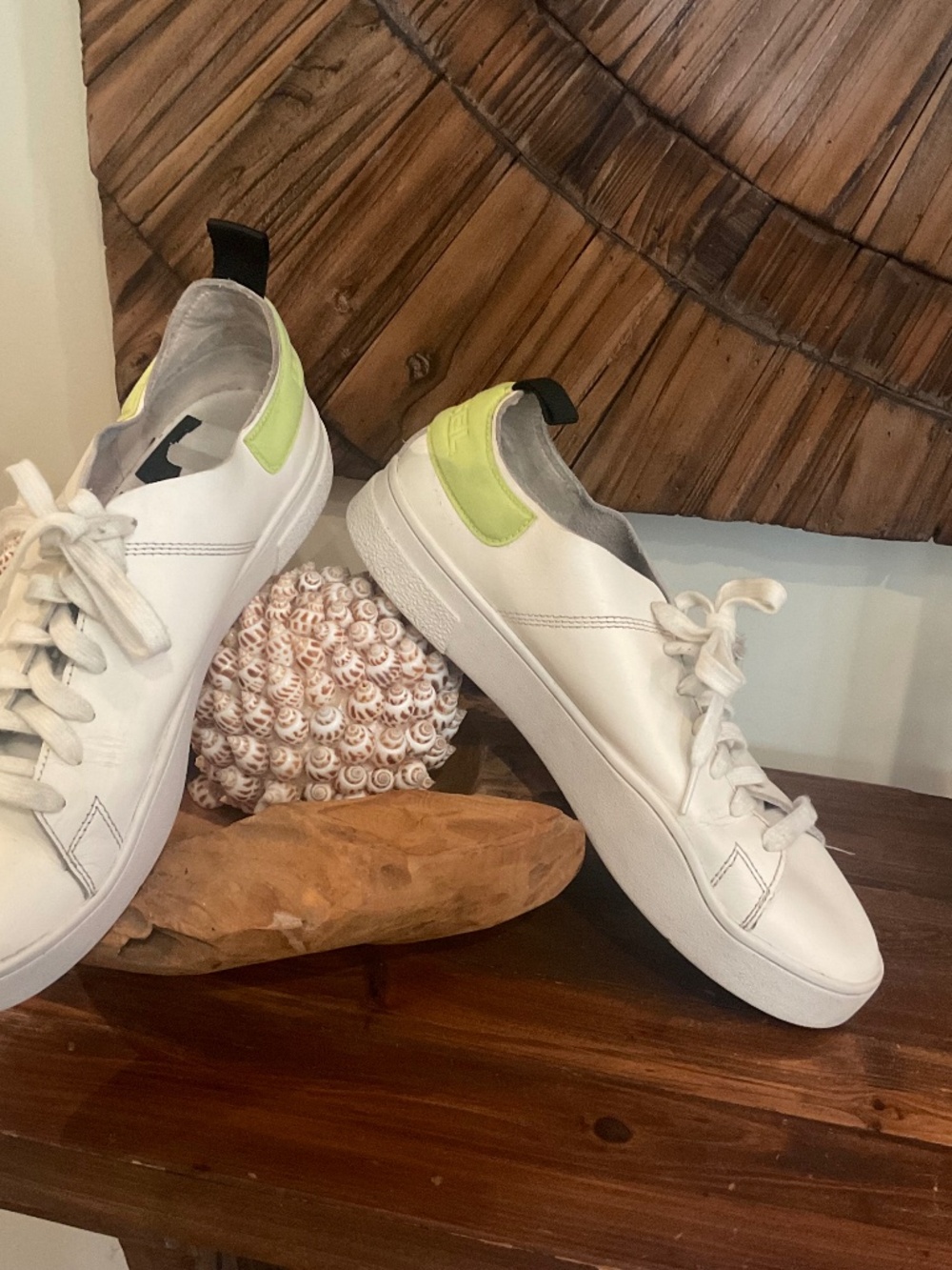 Diesel S-Clever Men’s Leather Low Sneakers, Color White/Neon, Size US 12
